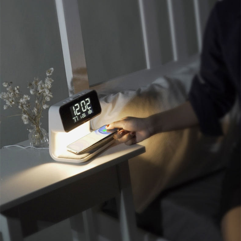 Creative 3 In 1 Bedside Lamp Wireless Charging LCD Screen Alarm Clock & Wireless Phone Charger