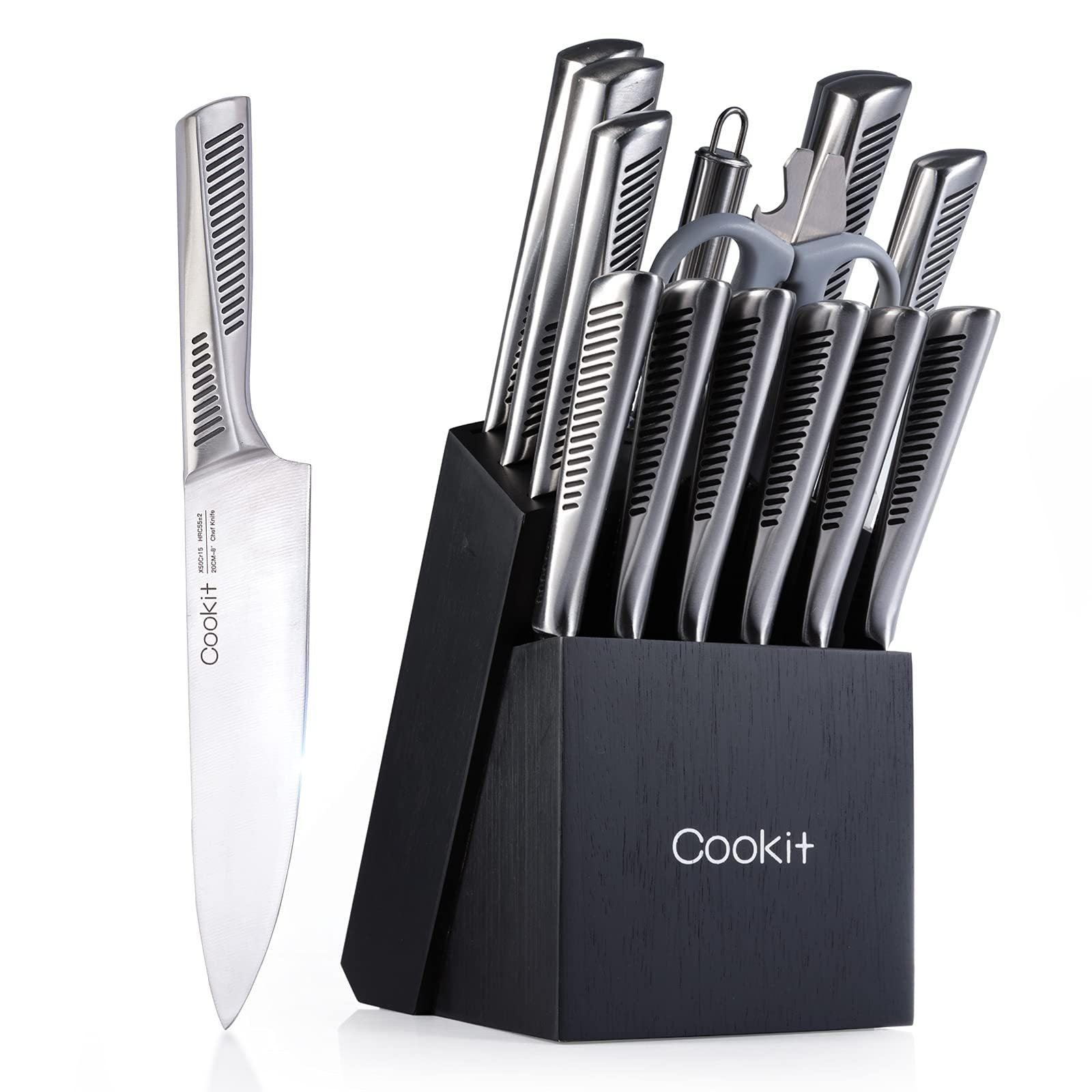 15 piece kitchen knife set with block, non - slip German stainless steel hollow handle cutlery set with scissors and sharpener
