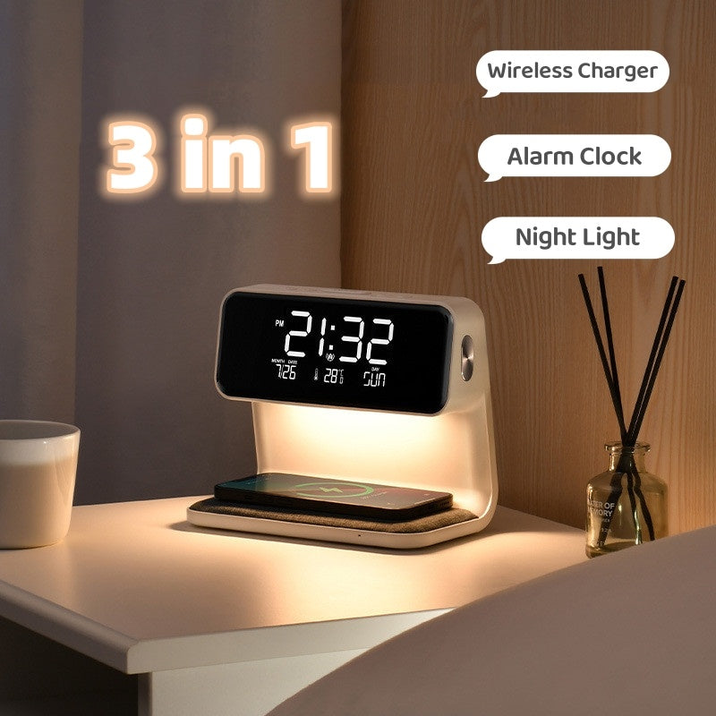 3 in 1 bedside lamp wireless charging LCD screen alarm clock, wireless phone charger with touch switch