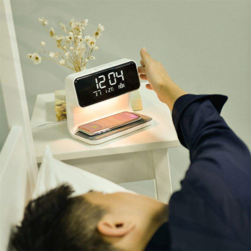Creative 3 In 1 Bedside Lamp Wireless Charging LCD Screen Alarm Clock & Wireless Phone Charger