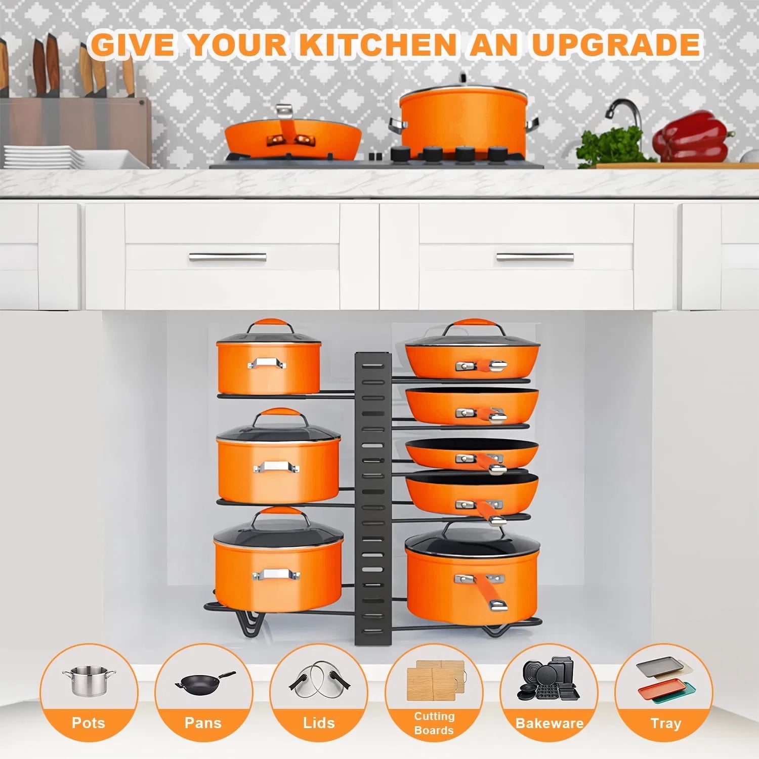 8 Tiers Pot Organizer Rack - Kitchen Cookware and Pot Lid Organizer