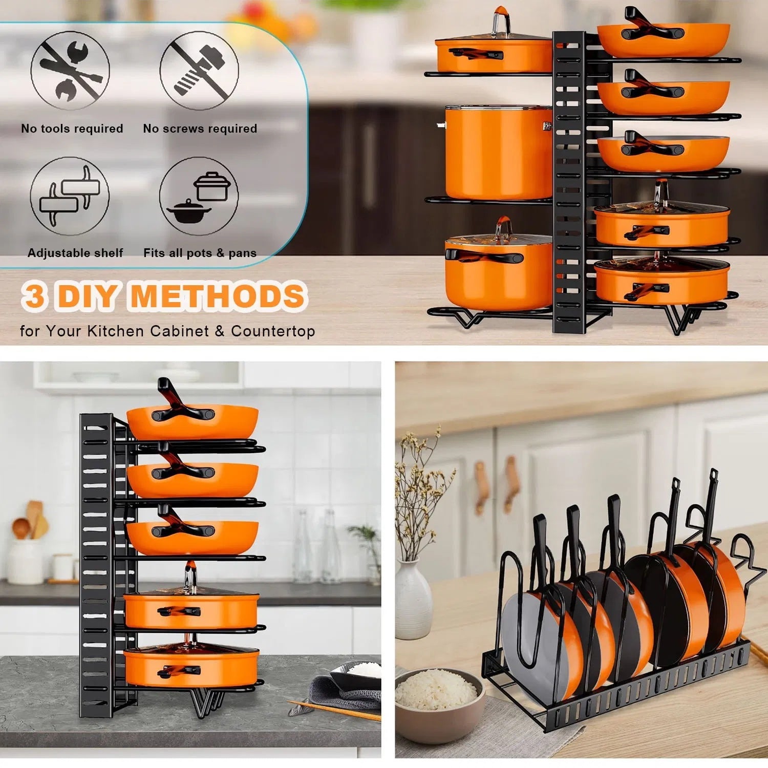 8 Tiers Pot Organizer Rack - Kitchen Cookware and Pot Lid Organizer