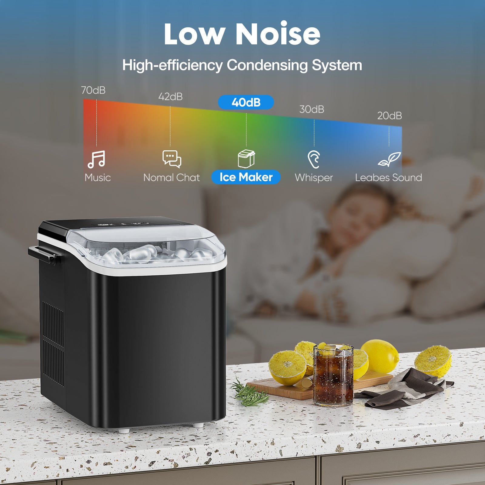 Portable Countertop Ice Maker - Makes Bullet Shaped Ice Cubes, Self - Cleaning, Quiet (Below 40dB)
