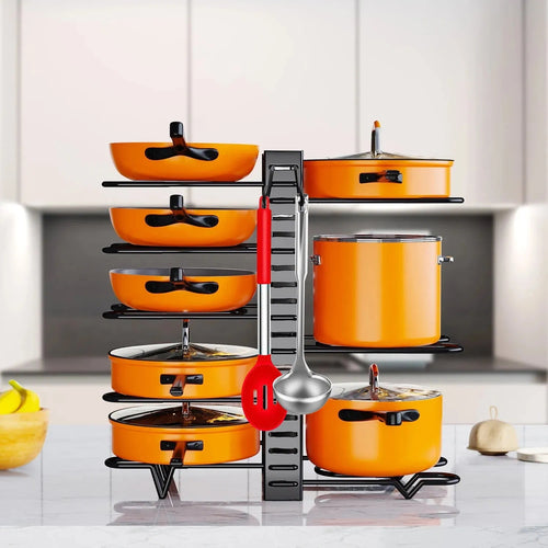 8 Tiers Pot Organizer Rack for kitchen cabinets, storing pots and pans, with adjustable tiers and U shape groove design