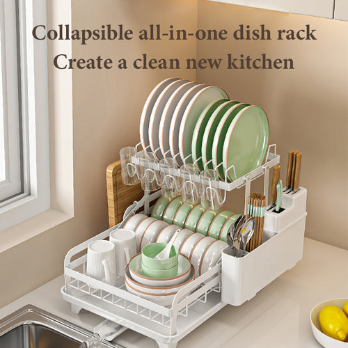 Collapsible kitchen dish rack to organize dishes and create a tidy kitchen