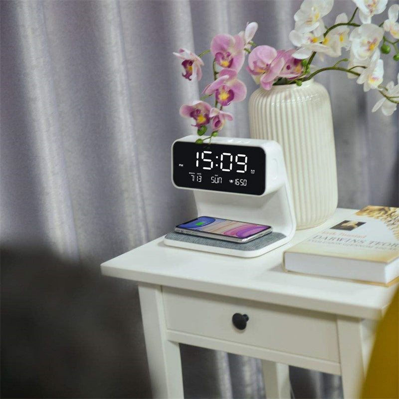 Creative 3 In 1 Bedside Lamp Wireless Charging LCD Screen Alarm Clock & Wireless Phone Charger