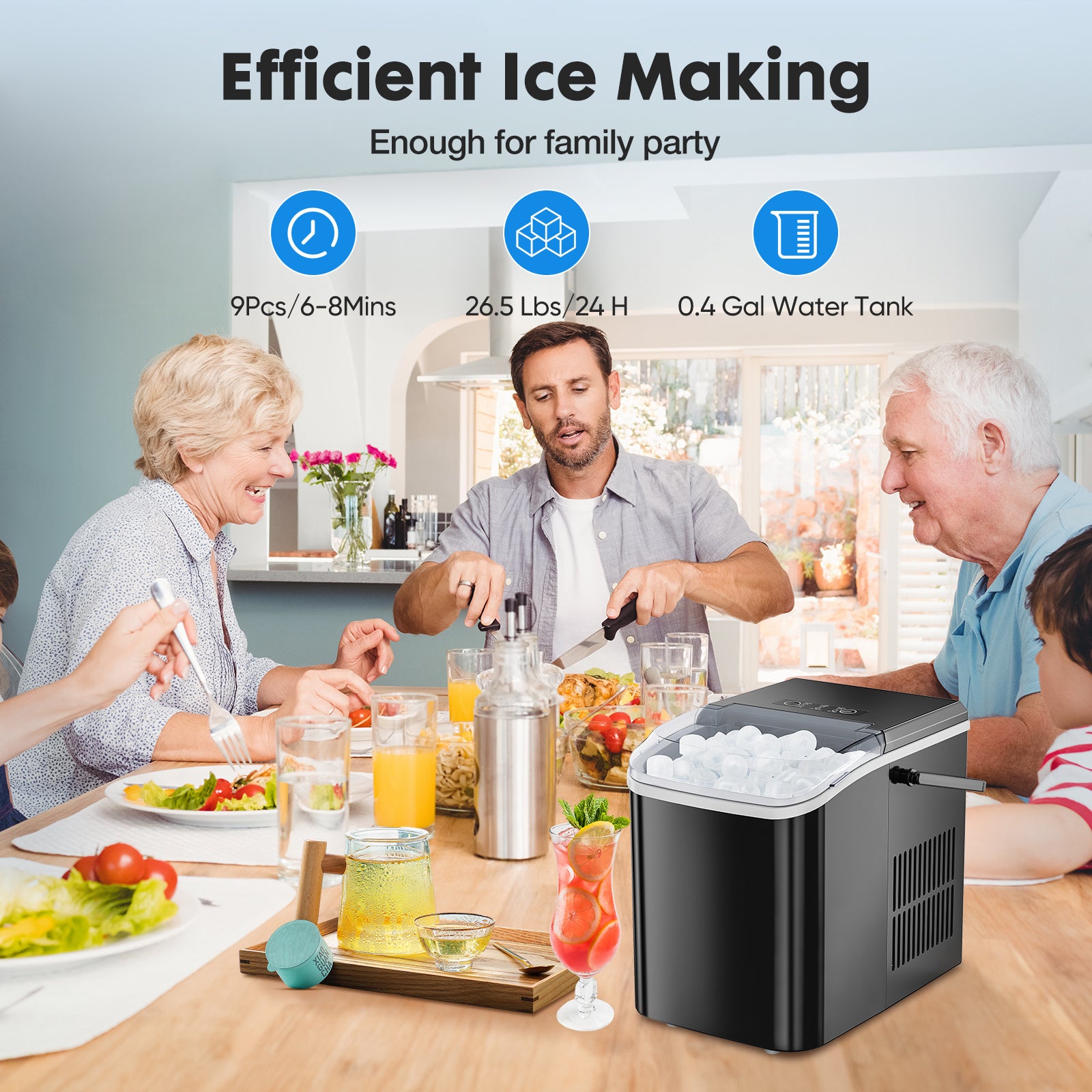 Portable Countertop Ice Maker - Makes Bullet Shaped Ice Cubes, Self - Cleaning, Quiet (Below 40dB)