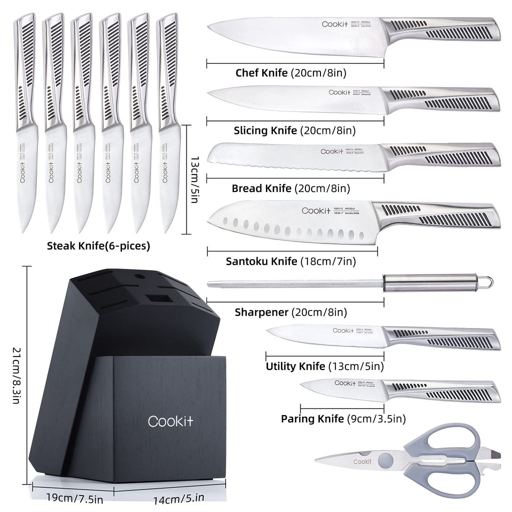 Cookit 15 Piece Kitchen Knife Set with Block - Non - Slip German Stainless Steel Hollow Handle Cutlery Set