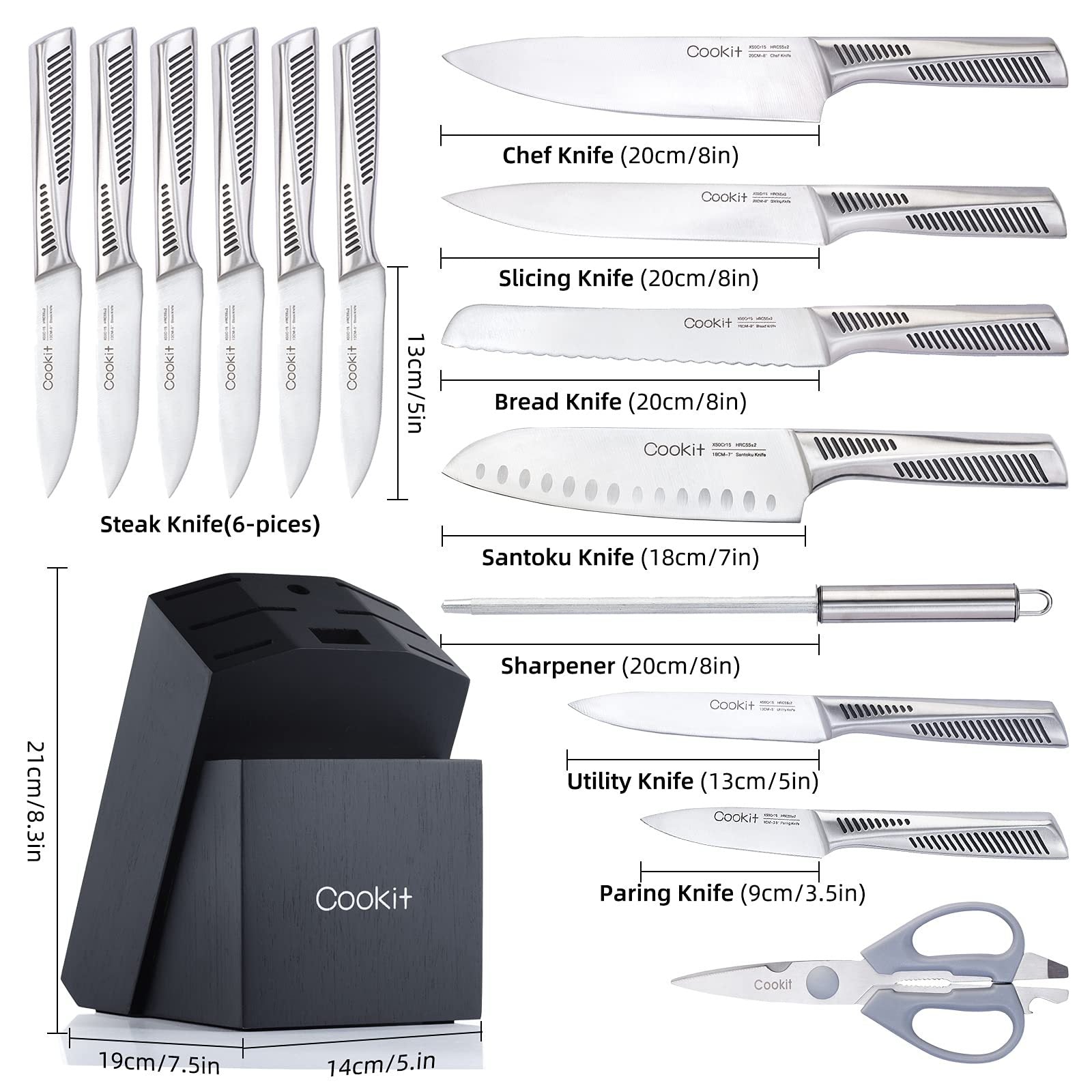 Cookit 15 Piece Kitchen Knife Set with Block - Non - Slip German Stainless Steel Hollow Handle Cutlery Set