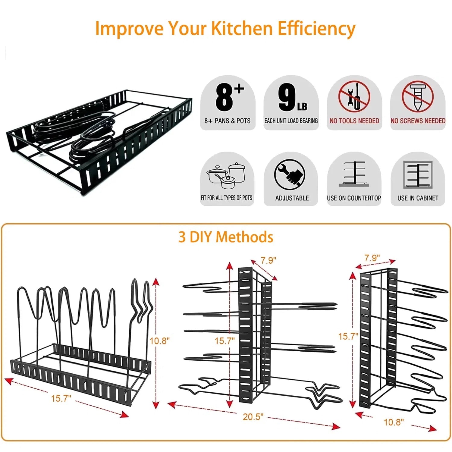8 Tiers Pot Organizer Rack - Kitchen Cookware and Pot Lid Organizer