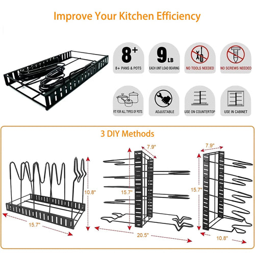 8 Tiers Pot Organizer Rack - Kitchen Cookware and Pot Lid Organizer