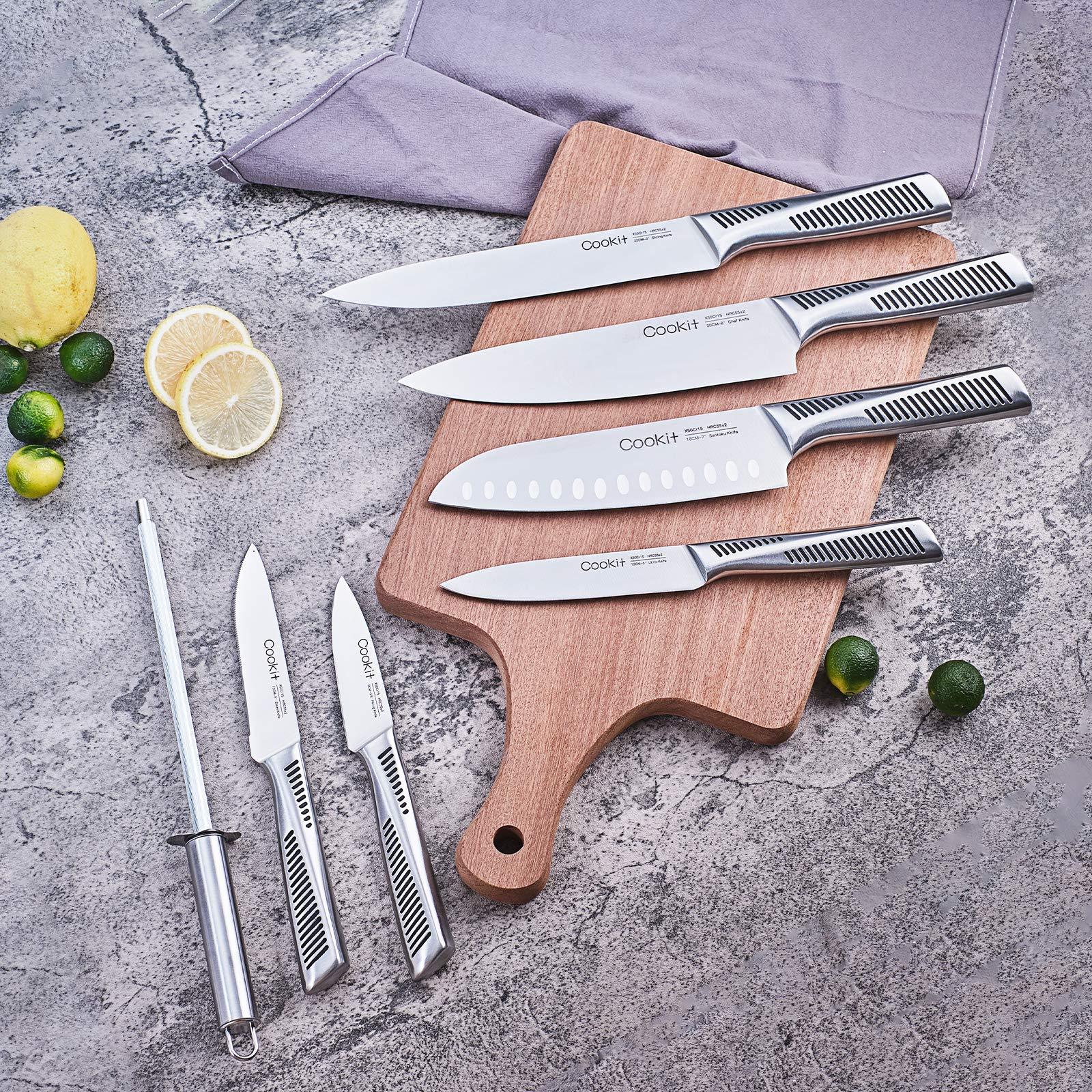 Cookit 15 Piece Kitchen Knife Set with Block - Non - Slip German Stainless Steel Hollow Handle Cutlery Set