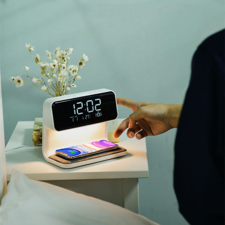 Creative 3 In 1 Bedside Lamp Wireless Charging LCD Screen Alarm Clock & Wireless Phone Charger